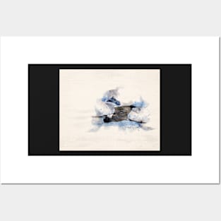 Flying Blue Heron in Watercolor Posters and Art